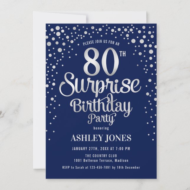 Surprise 80th Birthday Party - Silver & Navy Blue Invitation (Front)