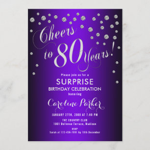 Surprise 80th Birthday Party - Silver Purple Invitation