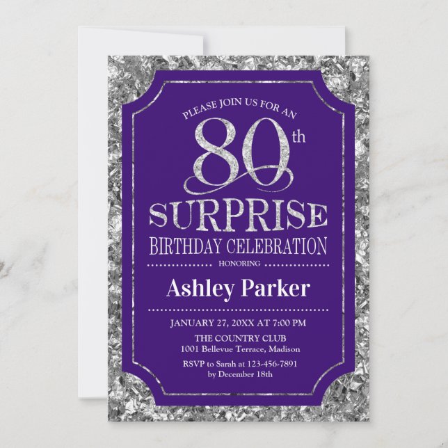Surprise 80th Birthday Party - Silver Purple Invitation (Front)