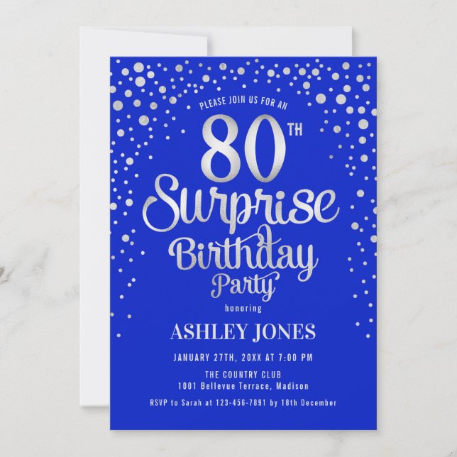 Surprise 80th Birthday Party - Silver & Royal Blue Invitation (Front)