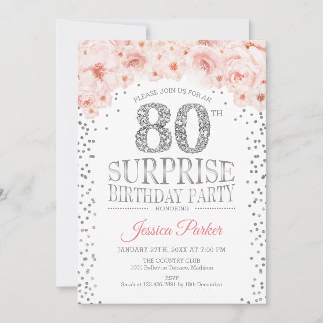 Surprise 80th Birthday Party - White Silver Pink Invitation (Front)