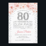 Surprise 80th Birthday Party - White Silver Pink Invitation<br><div class="desc">Surprise 80th Birthday Party Invitation.
Elegant design in faux glitter silver,  white and pink. Features confetti,  script font and watercolor blush pink flowers. Message me if you need further customization.</div>