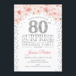 Surprise 80th Birthday Party - White Silver Pink Invitation<br><div class="desc">Surprise 80th Birthday Party Invitation.
Elegant design in faux glitter silver,  white and pink. Features confetti,  script font and watercolor blush pink flowers. Message me if you need further customization.</div>