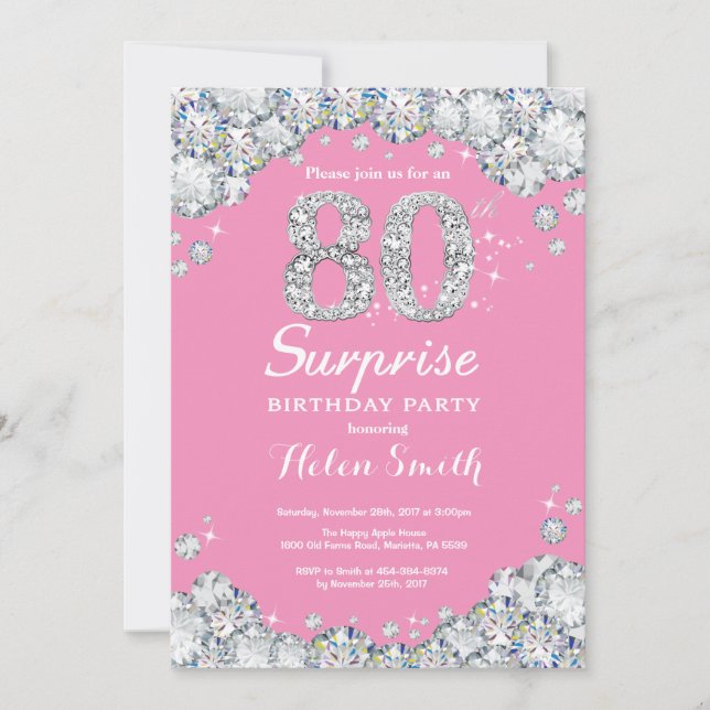 Surprise 80th Birthday Pink and Silver Diamond Invitation (Front)