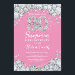Surprise 80th Birthday Pink and Silver Diamond Invitation<br><div class="desc">Surprise 80th Birthday Invitation. Pink and Silver Rhinestone Diamond Red Background. Elegant Birthday Bash invite. Adult Birthday. Women Birthday. Men Birthday. For further customisation,  please click the "Customise it" button and use our design tool to modify this template.</div>