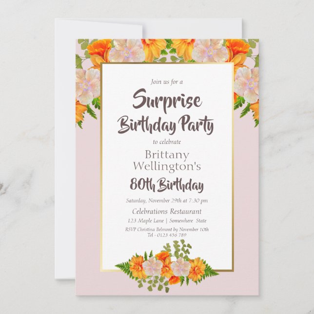Surprise 80th Birthday Pink Orange Gold Party Invitation (Front)