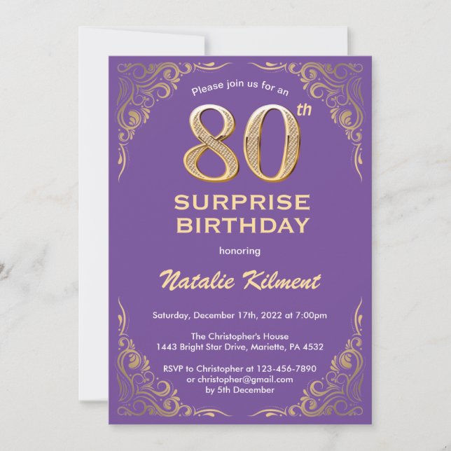 Surprise 80th Birthday Purple and Gold Glitter Invitation (Front)