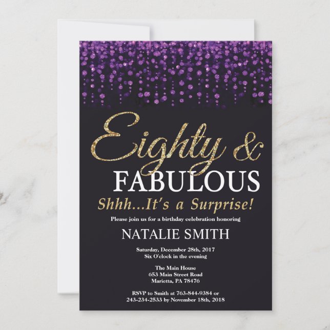 Surprise 80th Birthday Purple and Gold Glitter Invitation (Front)