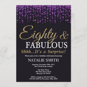 Surprise 80th Birthday Purple and Gold Glitter Invitation