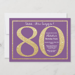 Surprise 80th Birthday Purple and Gold Glitter Invitation