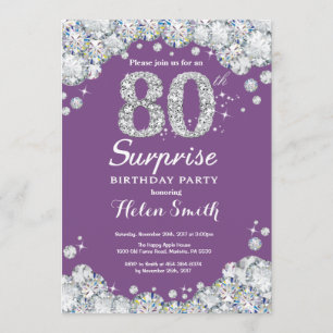 Surprise 80th Birthday Purple and Silver Diamond Invitation