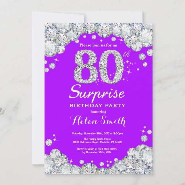 Surprise 80th Birthday Purple and Silver Diamond Invitation (Front)