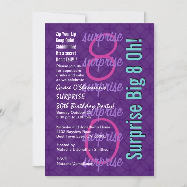 SURPRISE 80th Birthday Purple Pink Blue F218 Invitation (Front)