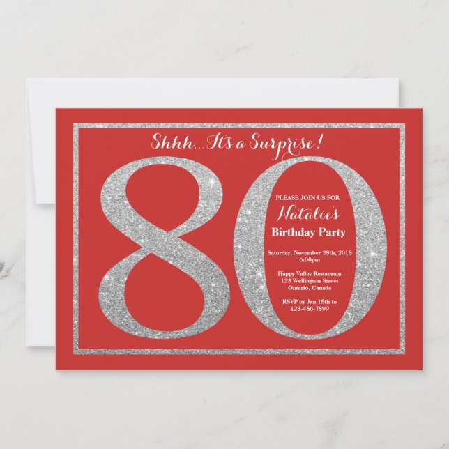 Surprise 80th Birthday Red and Silver Glitter Invitation (Front)