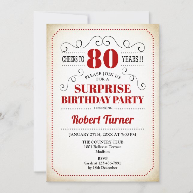 Surprise 80th Birthday - Red White Black Invitation (Front)