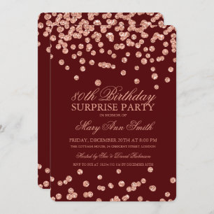 Surprise 80th Birthday Rose Gold Glitter Burgundy Invitation