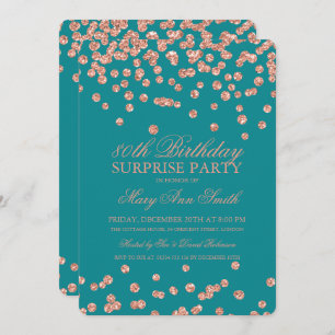 Surprise 80th Birthday Rose Gold Glitter Teal Invitation