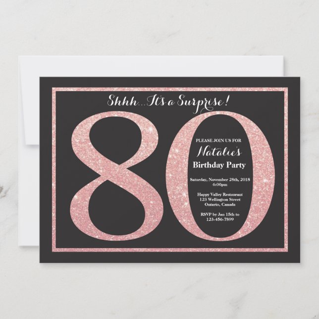 Surprise 80th Birthday Rose Pink Gold Glitter Invitation (Front)
