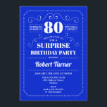 Surprise 80th Birthday - Royal Blue Invitation<br><div class="desc">Surprise 80th Birthday Invitation.
Elegant retro royal blue and white design. Cheers to 80 years! Can be customized to show any age!</div>