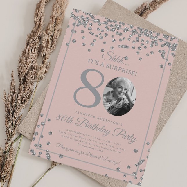 SURPRISE 80th Birthday Silver Confetti Blush Pink Invitation (SURPRISE 80th Birthday Silver Confetti Blush Pink Invitation)