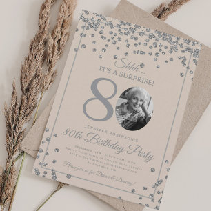SURPRISE 80th Birthday Silver Confetti Champagne Invitation