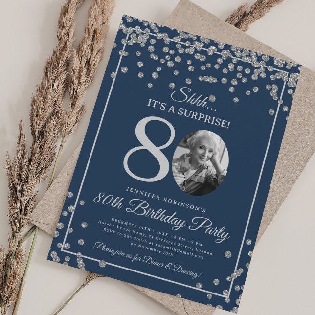 SURPRISE 80th Birthday Silver Confetti Navy Blue  Invitation (SURPRISE 80th Birthday Silver Confetti Navy Blue Invitation)