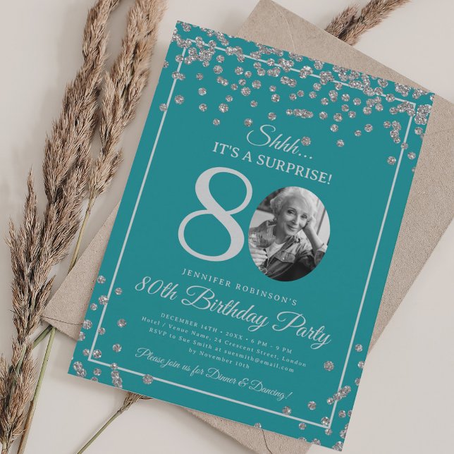 SURPRISE 80th Birthday Silver Confetti Turquoise  Invitation (SURPRISE 80th Birthday Silver Confetti Turquoise Invitation)