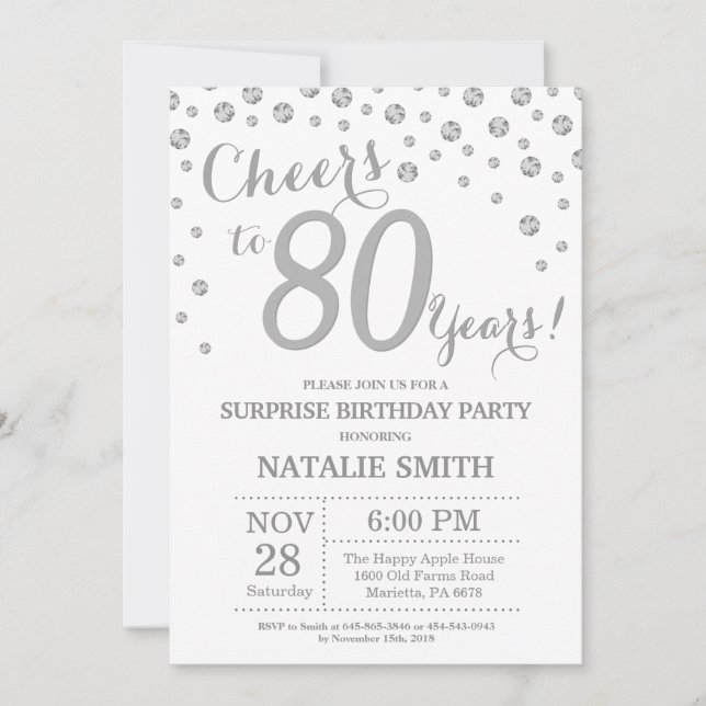 Surprise 80th Birthday Silver Glitter Diamond Invitation (Front)