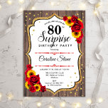 Surprise 80th Birthday - Sunflowers Rustic Wood Invitation<br><div class="desc">Surprise 80th Birthday Invitation.
Feminine rustic black,  white,  red design with faux glitter gold. Features wood pattern,  red roses,  sunflowers,  script font and confetti. Perfect for an elegant birthday party. Can be personalized to show any age. Message me if you need further customization.</div>