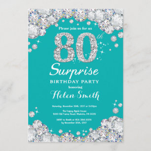 Surprise 80th Birthday Teal and Silver Diamond Invitation