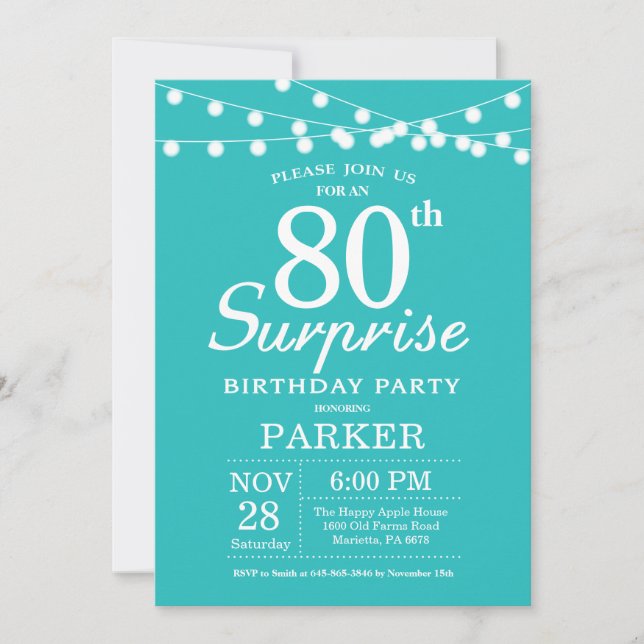 Surprise 80th Birthday Teal Aqua Turquoise Invitation (Front)