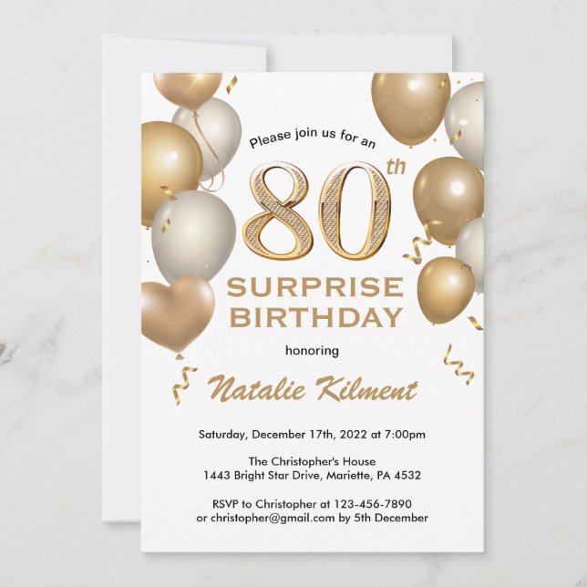 Surprise 80th Birthday White and Gold Balloons Invitation (Front)