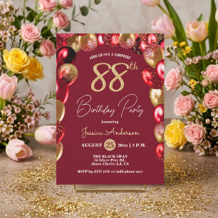 Surprise 88th Birthday Party Gold Burgundy Glitter Invitation