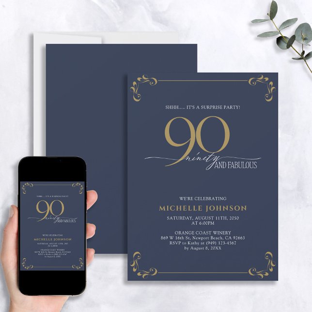 Surprise 90 & Fabulous Blue White & Gold Birthday  Invitation (Creator Uploaded)