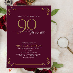 Surprise 90 & Fabulous Burgundy & Gold Birthday  Invitation
