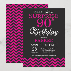 Surprise 90th Birthday Black and Hot Pink Invitation