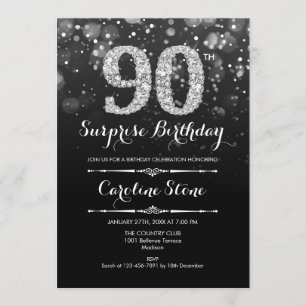 Surprise 90th Birthday - Black Silver Invitation