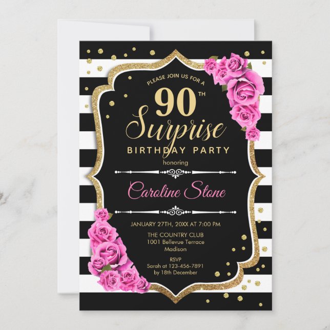 Surprise 90th Birthday - Black White Pink Invitation (Front)
