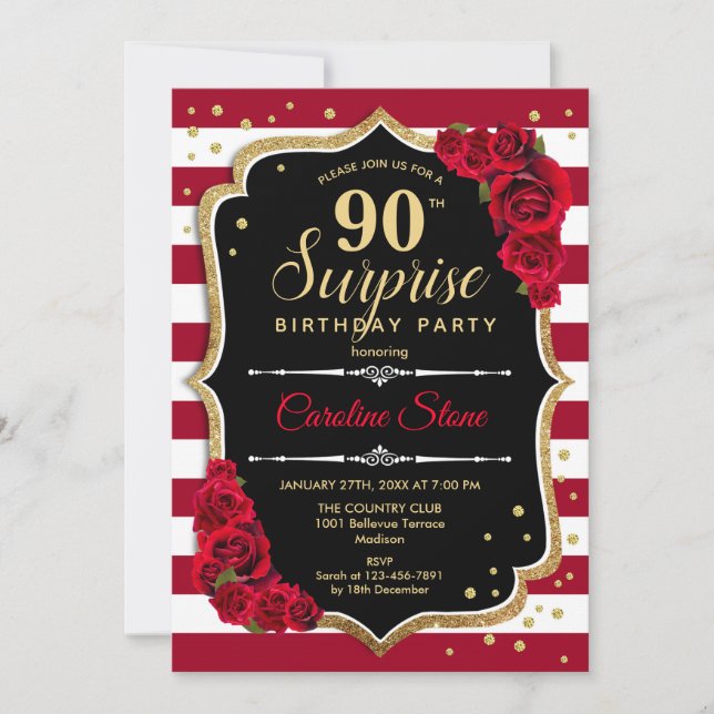 Surprise 90th Birthday - Black White Red Invitation (Front)