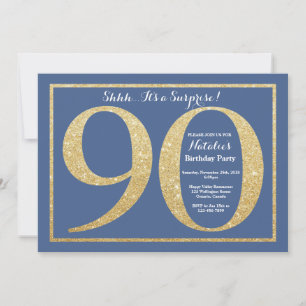 Surprise 90th Birthday Blue and Gold Glitter Invitation
