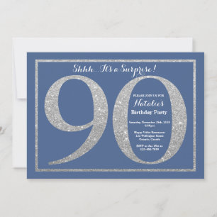 Surprise 90th Birthday Blue and Silver Glitter Invitation