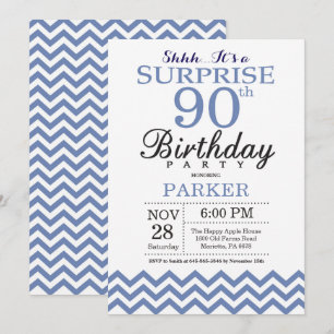 Surprise 90th Birthday Blue Chevron Invitation