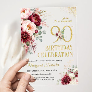 Surprise 90th Birthday Burgundy Floral Elegant Acrylic Invitations