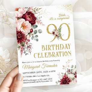Surprise 90th Birthday Burgundy Floral Elegant Invitation