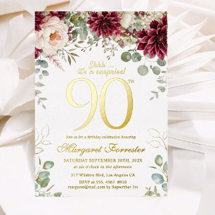 Surprise 90th Birthday Burgundy Floral Real Gold