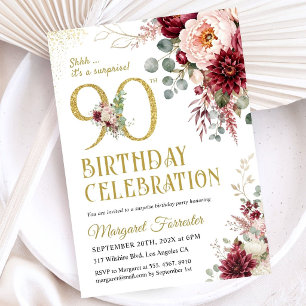 Surprise 90th Birthday Burgundy Gold Blush Floral Invitation