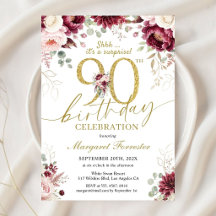 Surprise 90th Birthday Burgundy Rose Floral Gold