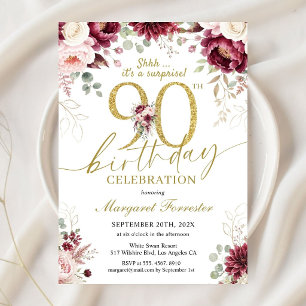 Surprise 90th Birthday Burgundy Rose Floral Gold Invitation