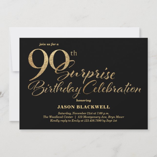 Surprise 90th Birthday Celebration Black & Gold Invitation (Front)