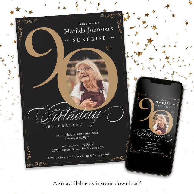 Surprise 90th Birthday Gold Black Custom Photo Invitation (Surprise 90th Birthday Gold Black Custom Photo Invitation)